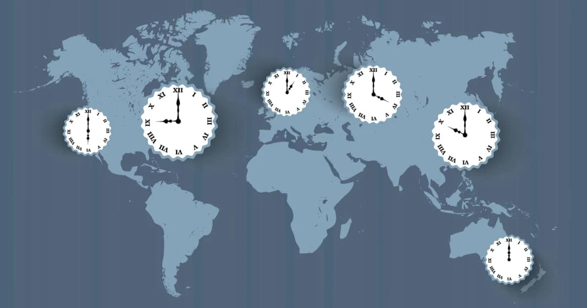 World map with clocks in several time zones