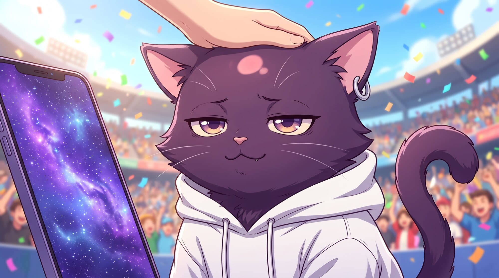 An illustrated purple cat in a hoodie being patted on the head beside a glowing phone