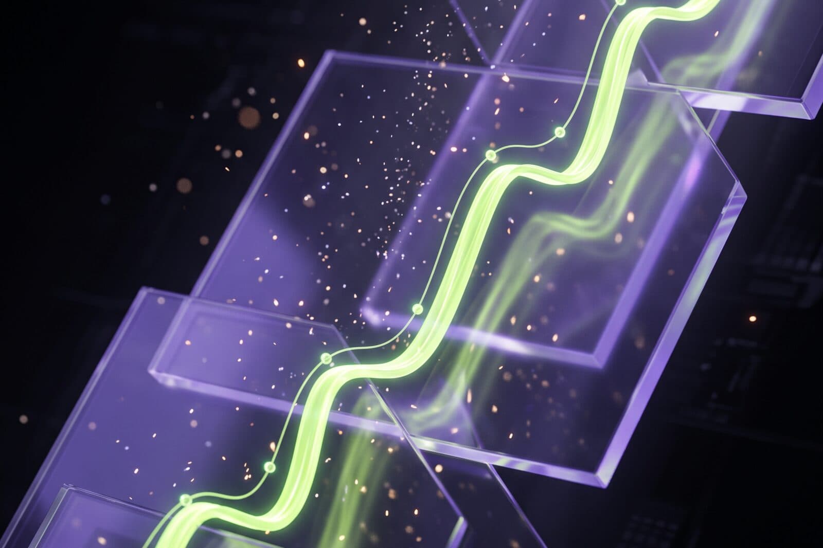 A glowing line chart rising through glass panes