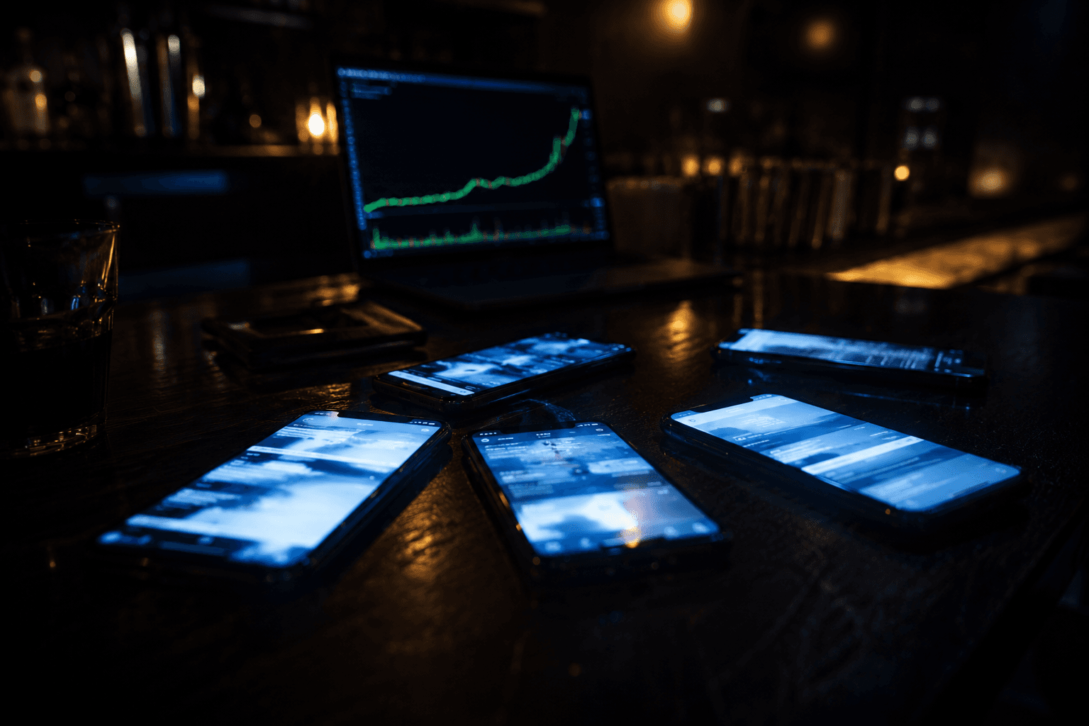 Phones showing rising charts on a dark desk